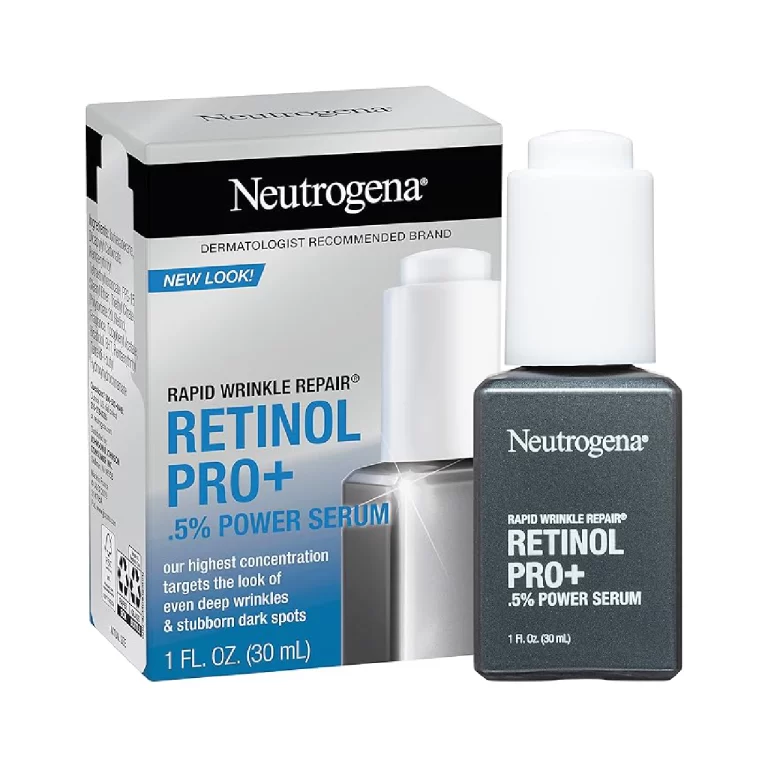 Neutrogena Rapid Wrinkle Repair Retinol Pro+ Serum bottle on a pure white background