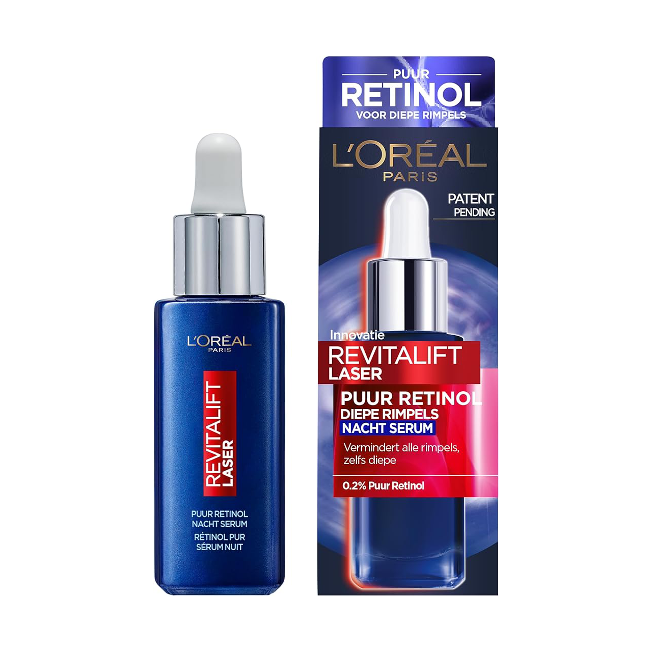 L'Oréal Paris Revitalift Laser X3 Retinol Night Serum bottle on a white background