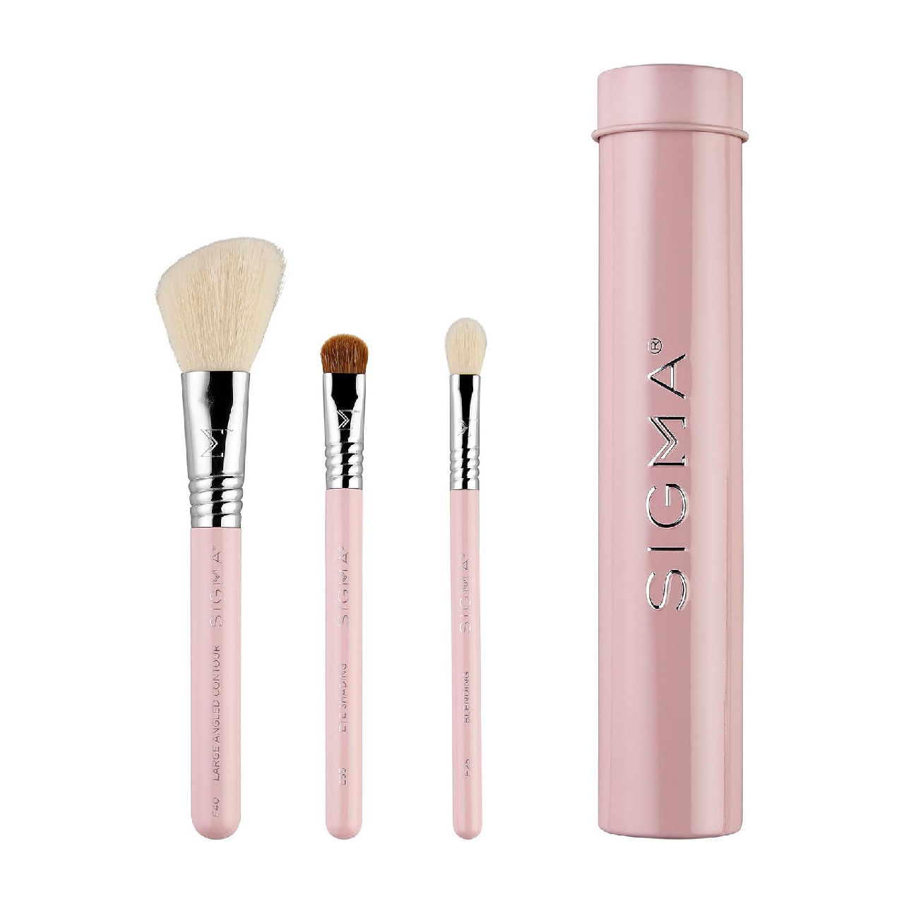 Sigma Beauty Travel Essential Trio with three brushes against a white background