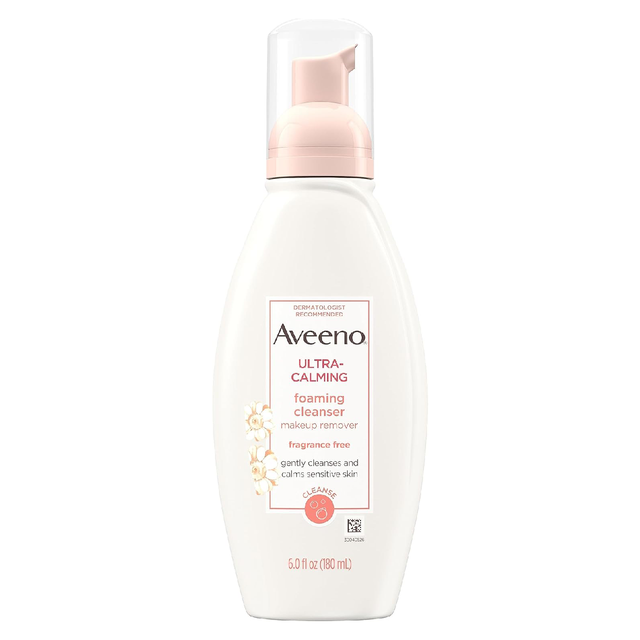 A bottle of Aveeno Ultra-Calming Foaming Cleanser on a white background