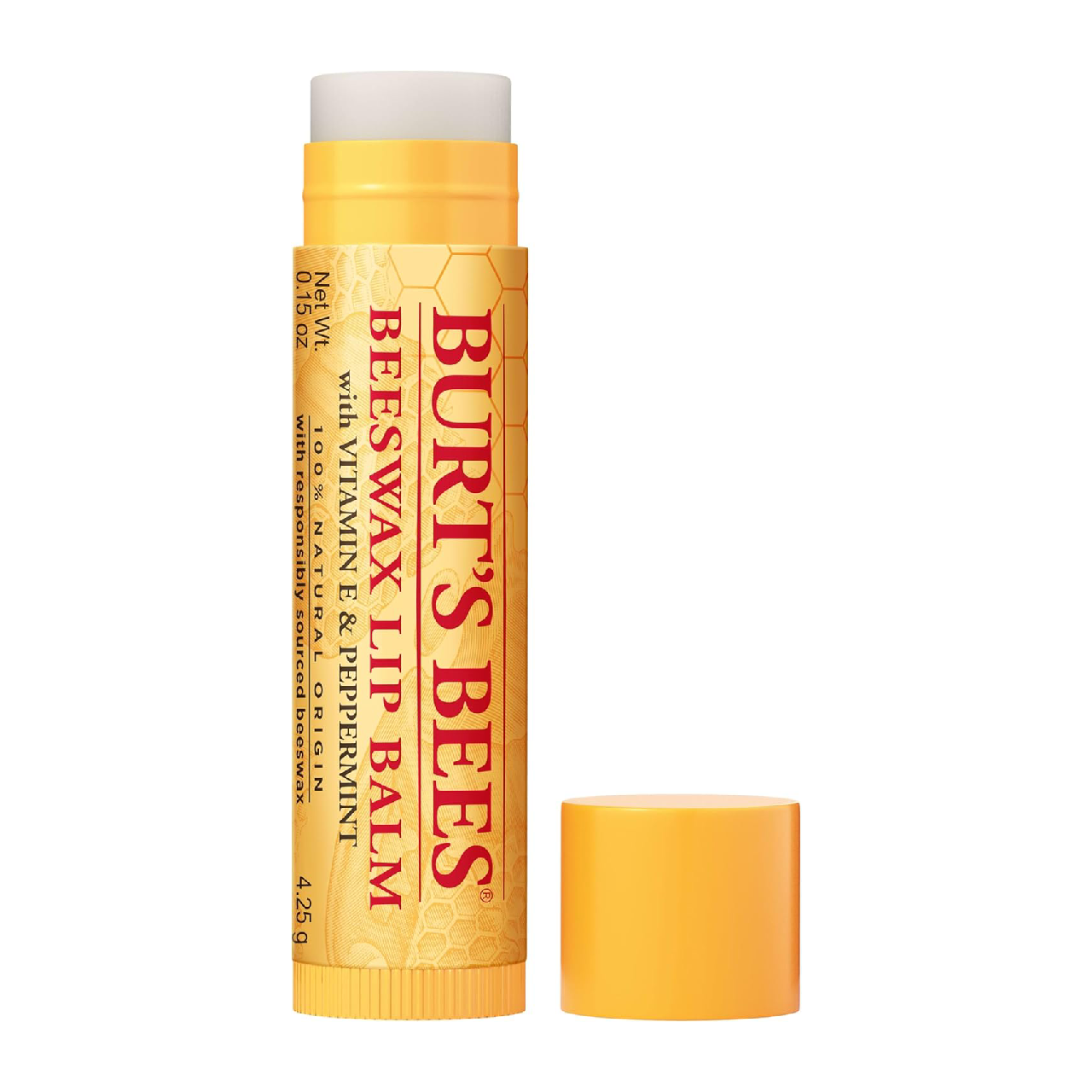 Tube of Burt’s Bees Beeswax Lip Balm displayed on a white surface.