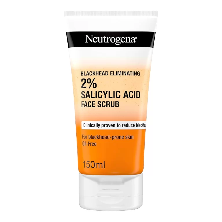 Tube of Neutrogena Blackhead Eliminating Face Scrub on a white background.