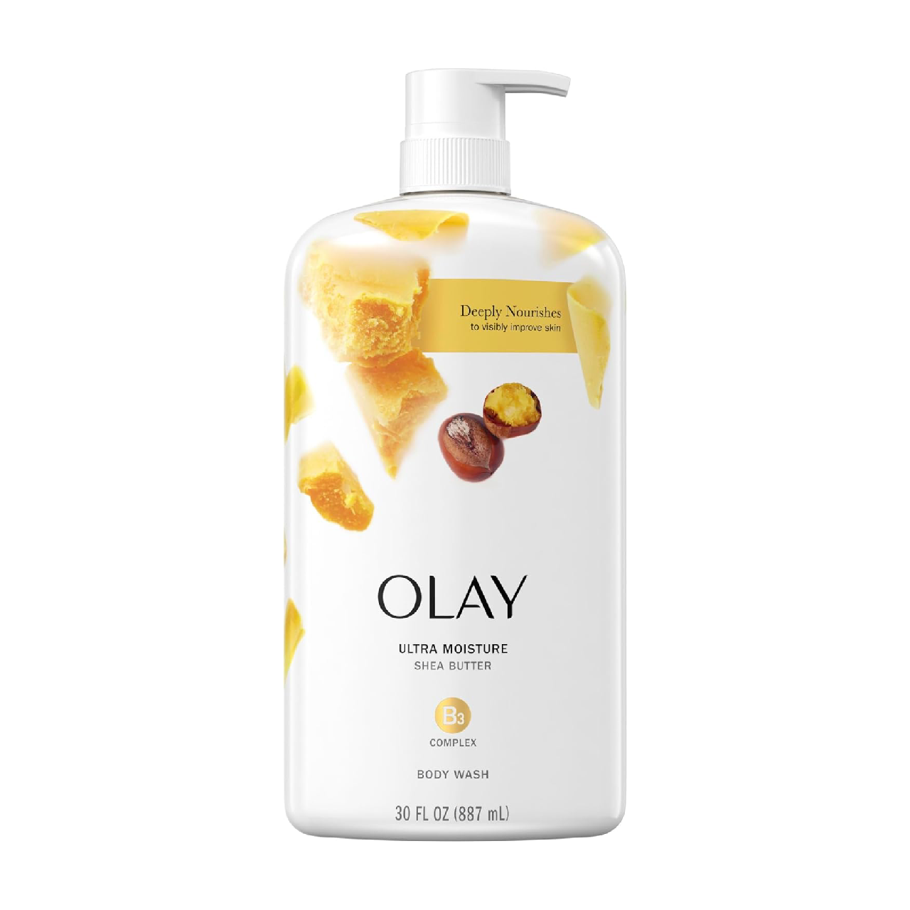 Bottle of Olay Ultra Moisture Shea Butter Body Wash on a white background