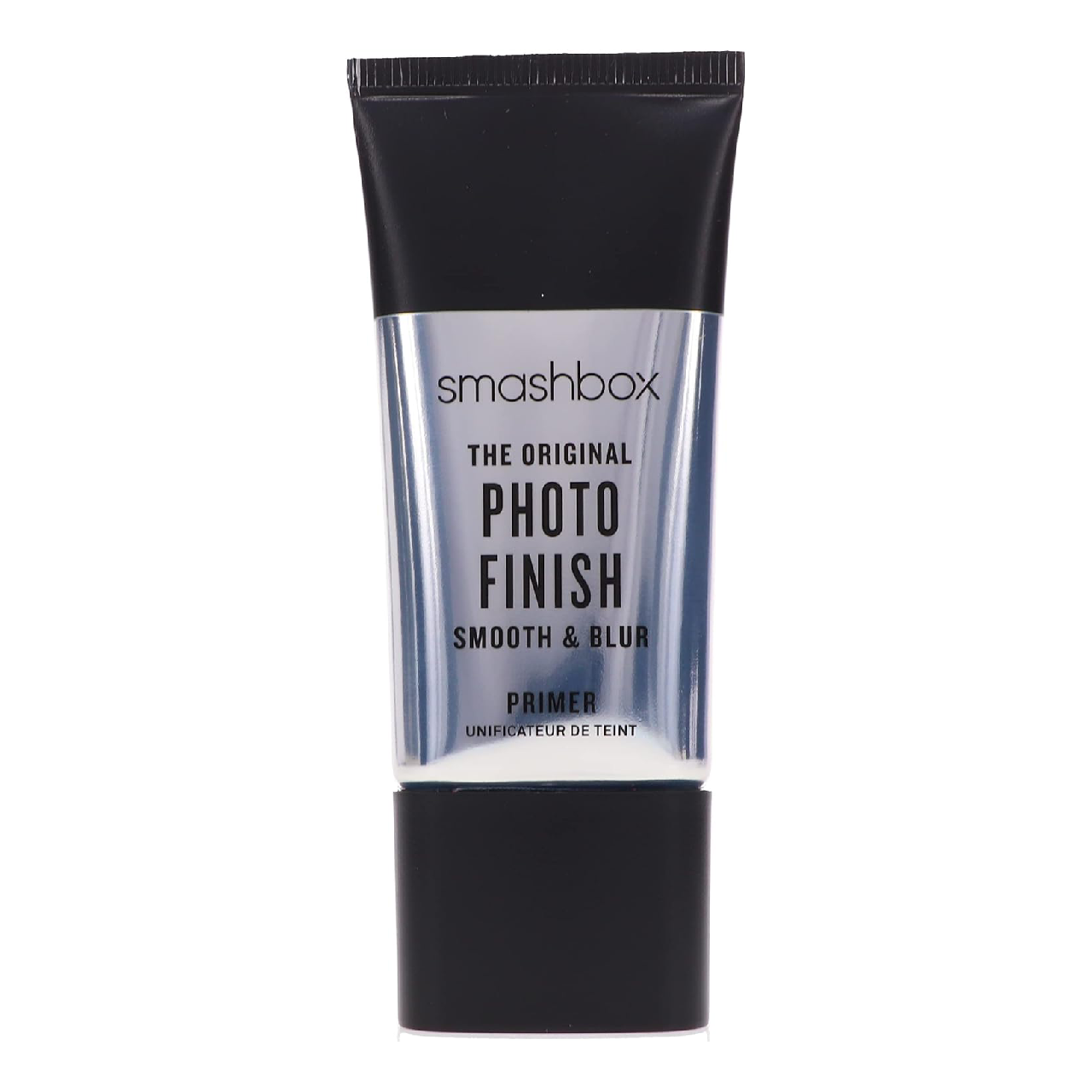 A clear bottle of Smashbox Photo Finish Primer displayed against a white backdrop