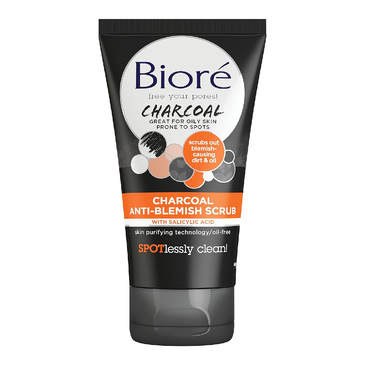 Bottle of Biore Charcoal Oil Control Scrub on a white background